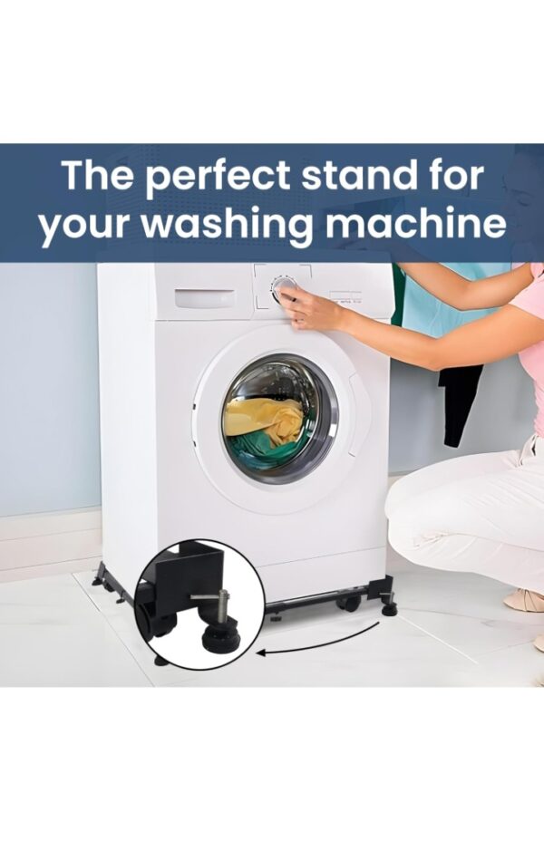 Washing Machine Stand Adjustable | Metal Trolley with Wheels for Home with 4 Anti Vibration Rubber Grips | Weight Upto 160 Kg | Also Suitable for Dishwasher | Black