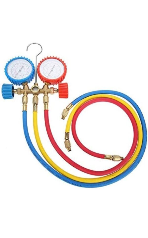 Refrigerant Manifold Gauge Set | Compatible with R12, R22, R404A & R134A | HVAC Air Conditioning Tools with 3 Hoses & Hook for AC Repair Gas Charging Tool