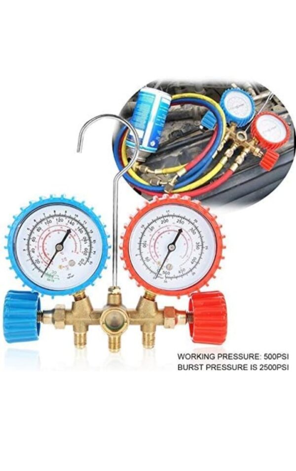 Refrigerant Manifold Gauge Set | Compatible with R12, R22, R404A & R134A | HVAC Air Conditioning Tools with 3 Hoses & Hook for AC Repair Gas Charging Tool