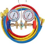 Refrigerant Manifold Gauge Set | Compatible with R12, R22, R404A & R134A | HVAC Air Conditioning Tools with 3 Hoses & Hook for AC Repair Gas Charging Tool