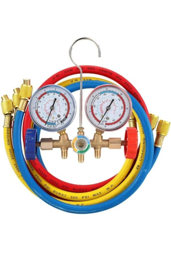 Refrigerant Manifold Gauge Set | Compatible with R12, R22, R404A & R134A | HVAC Air Conditioning Tools with 3 Hoses & Hook for AC Repair Gas Charging Tool