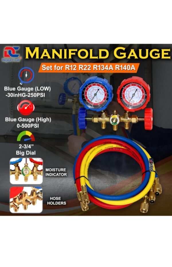 Refrigerant Manifold Gauge Set | Compatible with R12, R22, R404A & R134A | HVAC Air Conditioning Tools with 3 Hoses & Hook for AC Repair Gas Charging Tool