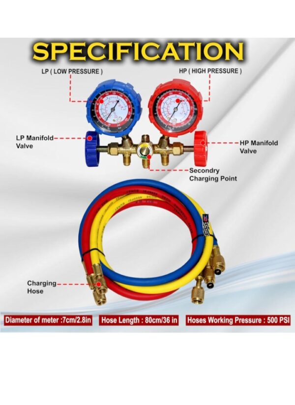 Refrigerant Manifold Gauge Set | Compatible with R12, R22, R404A & R134A | HVAC Air Conditioning Tools with 3 Hoses & Hook for AC Repair Gas Charging Tool