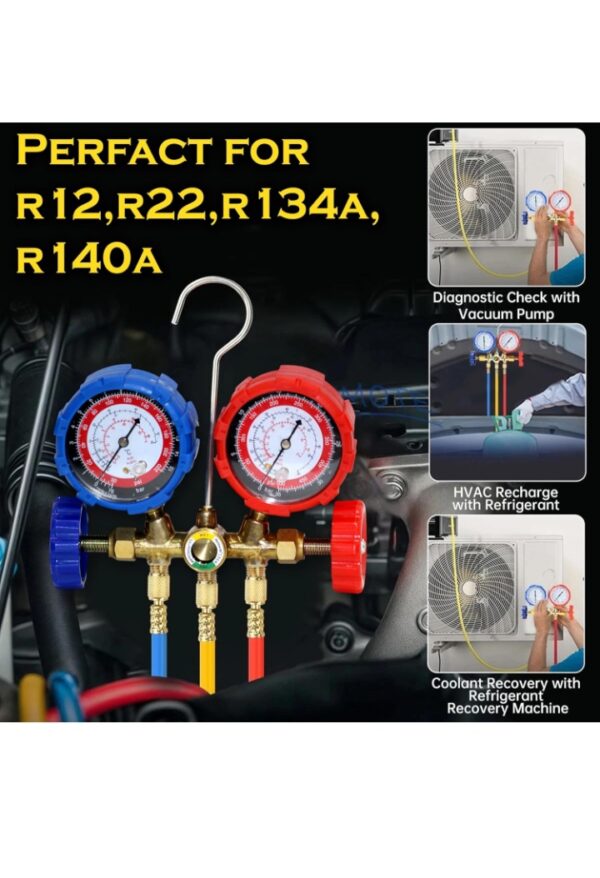 Refrigerant Manifold Gauge Set | Compatible with R12, R22, R404A & R134A | HVAC Air Conditioning Tools with 3 Hoses & Hook for AC Repair Gas Charging Tool