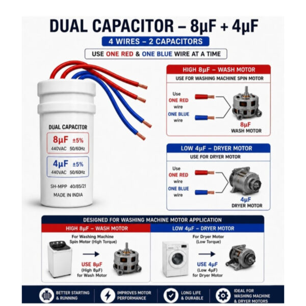 InShot_20260913_213317290 8 mfd+4 mfd washing Machine Capacitor | Semi Automatic Washing Machine Condenser | Universal Motor Capacitor for Wash & Spin Motor (8 mfd+4 mfd)