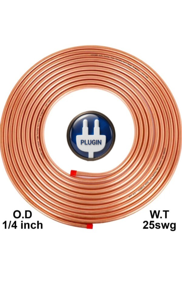 Quarter copper pipe Pure Soft Copper Tube, 7.5mtr, Outer Dia 1/4 inch, Wall Thickness 25 swg, 99.9% Purity, Industrial Metal, Seamless Pipe for Air Conditioning, Refrigeration, Plumbing Systems and DIY Projects
