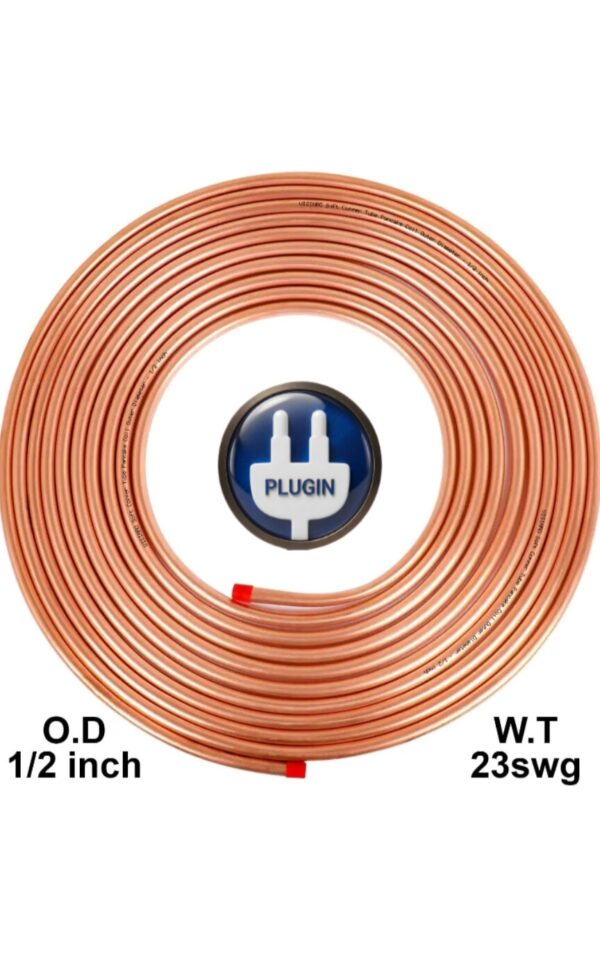 Half copper pipe Pure Soft Copper Tube, 7.5mtr, Outer Dia 1/2 inch, Wall Thickness 23 swg, 99.9% Purity, Industrial Metal, Seamless Pipe for Air Conditioning, Refrigeration, Plumbing Systems and DIY Projects