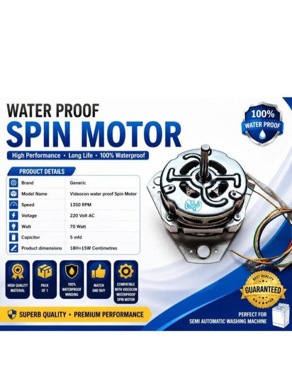 Videocon Waterproof Spin Motor for Videocon Semi Automatic Washing Machine 1350 RPM 70W 220V AC with 5 MFD Capacitor