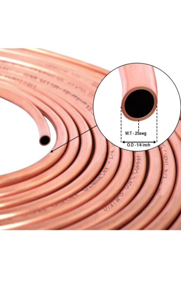 Quarter copper pipe Pure Soft Copper Tube, 7.5mtr, Outer Dia 1/4 inch, Wall Thickness 25 swg, 99.9% Purity, Industrial Metal, Seamless Pipe for Air Conditioning, Refrigeration, Plumbing Systems and DIY Projects