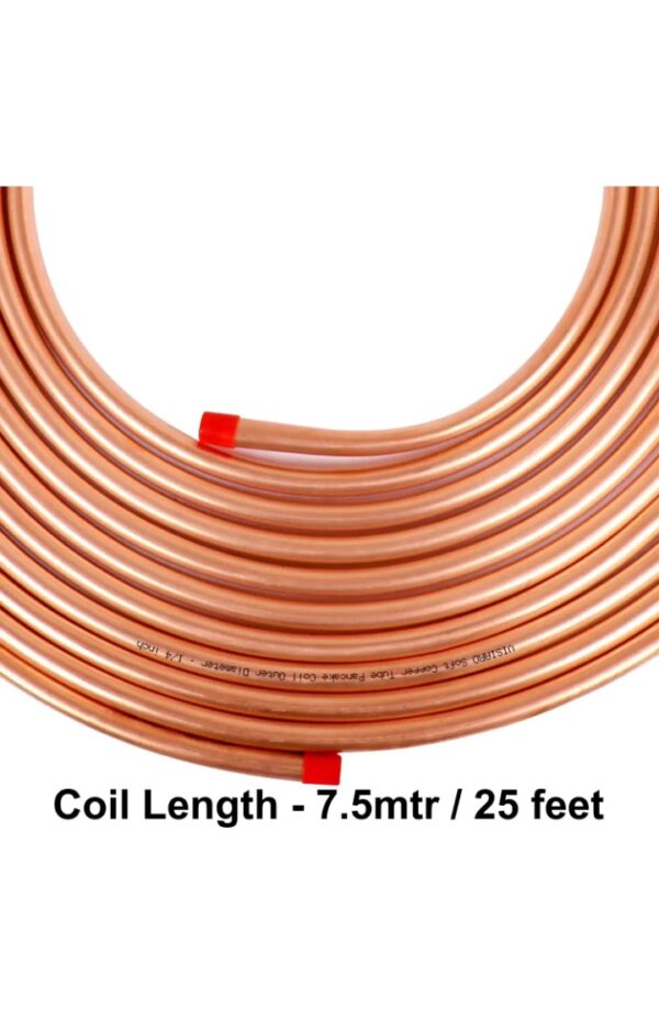 Quarter copper pipe Pure Soft Copper Tube, 7.5mtr, Outer Dia 1/4 inch, Wall Thickness 25 swg, 99.9% Purity, Industrial Metal, Seamless Pipe for Air Conditioning, Refrigeration, Plumbing Systems and DIY Projects