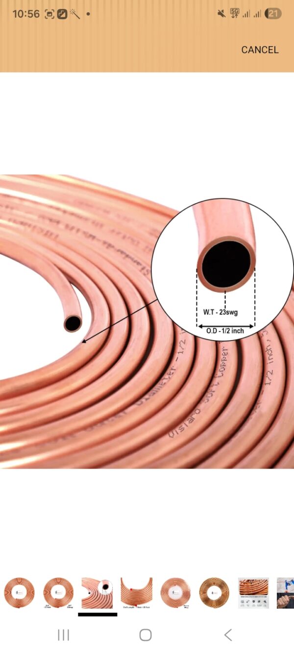 Half copper pipe Pure Soft Copper Tube, 7.5mtr, Outer Dia 1/2 inch, Wall Thickness 23 swg, 99.9% Purity, Industrial Metal, Seamless Pipe for Air Conditioning, Refrigeration, Plumbing Systems and DIY Projects