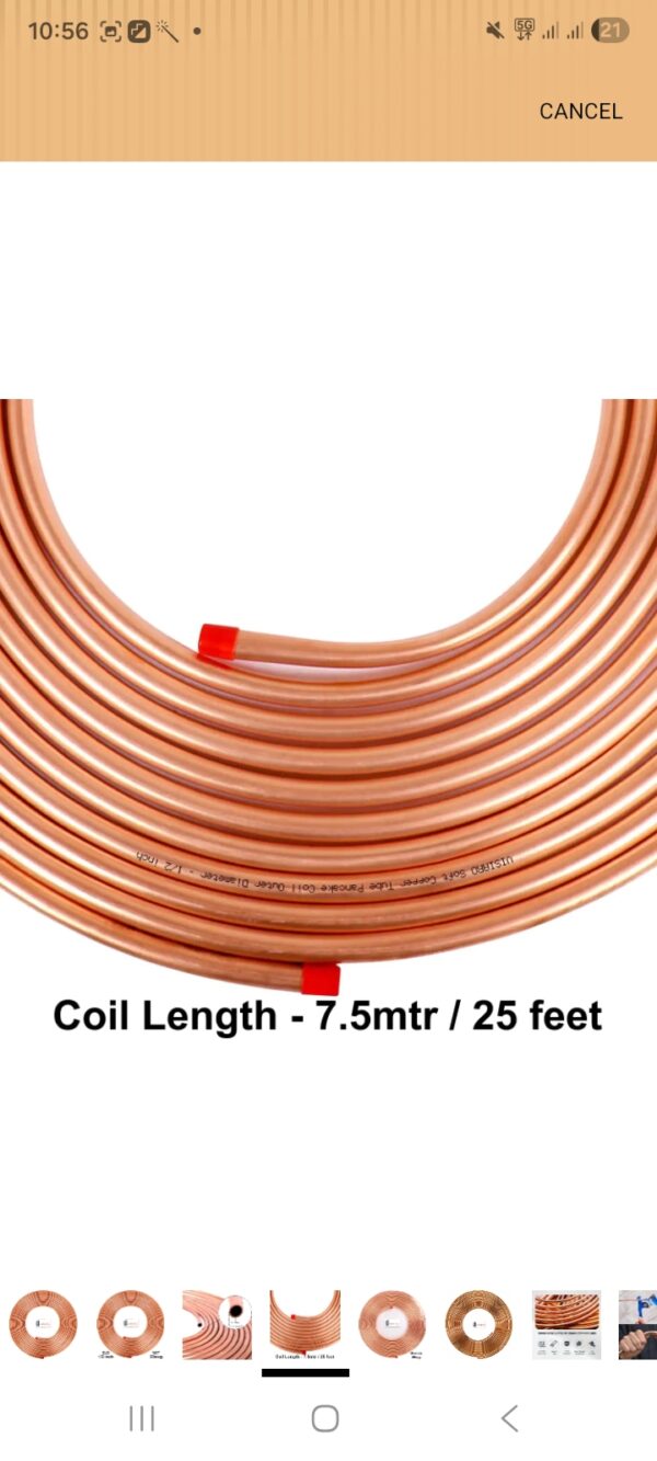 Half copper pipe Pure Soft Copper Tube, 7.5mtr, Outer Dia 1/2 inch, Wall Thickness 23 swg, 99.9% Purity, Industrial Metal, Seamless Pipe for Air Conditioning, Refrigeration, Plumbing Systems and DIY Projects